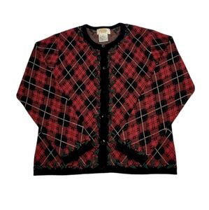 Vintage Talbots Christmas Plaid Cardigan Sweater with Holly Trim Size P